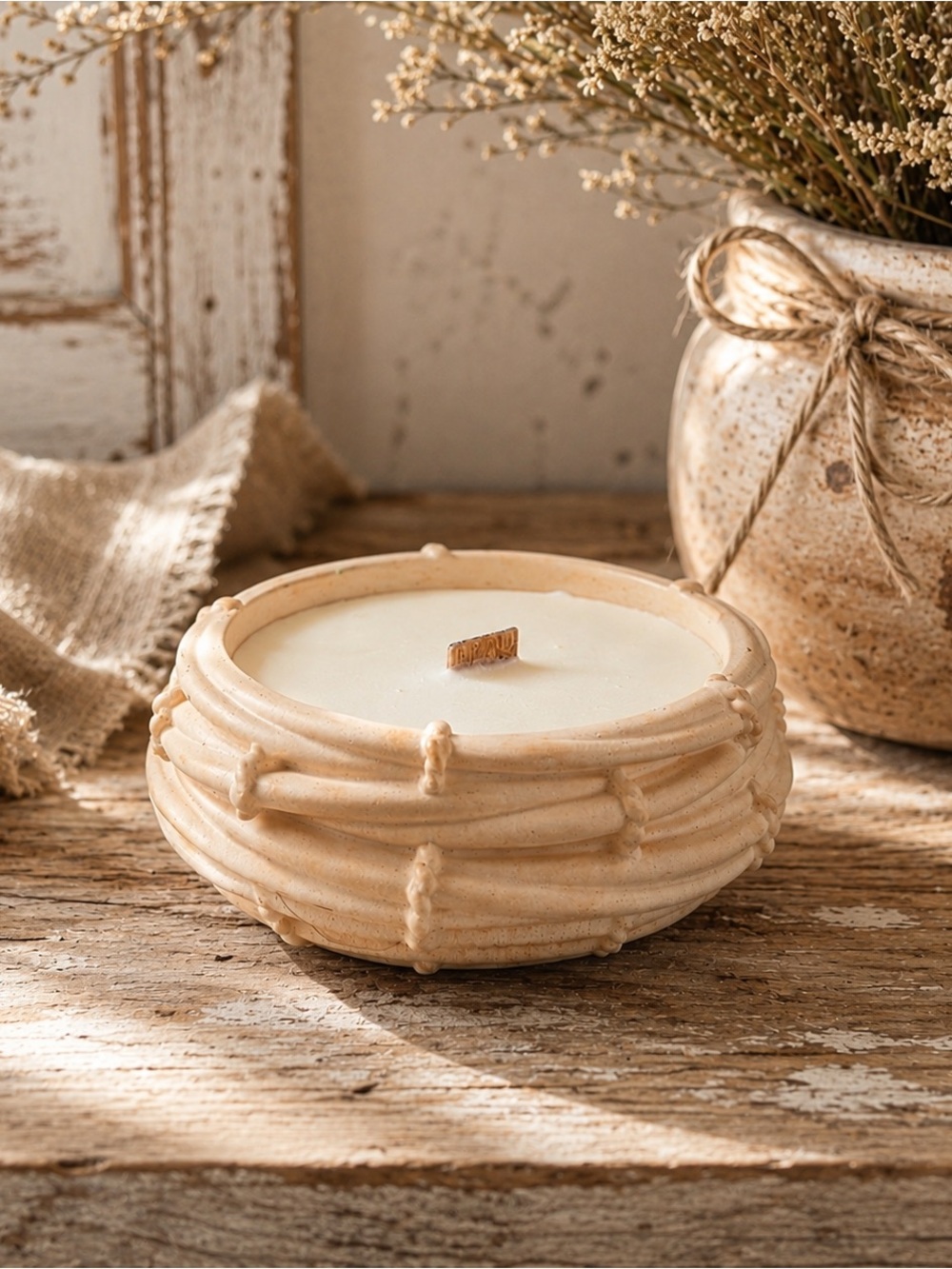 Cream Ceramic Bowl Candle with Wooden Wick - Home Accents